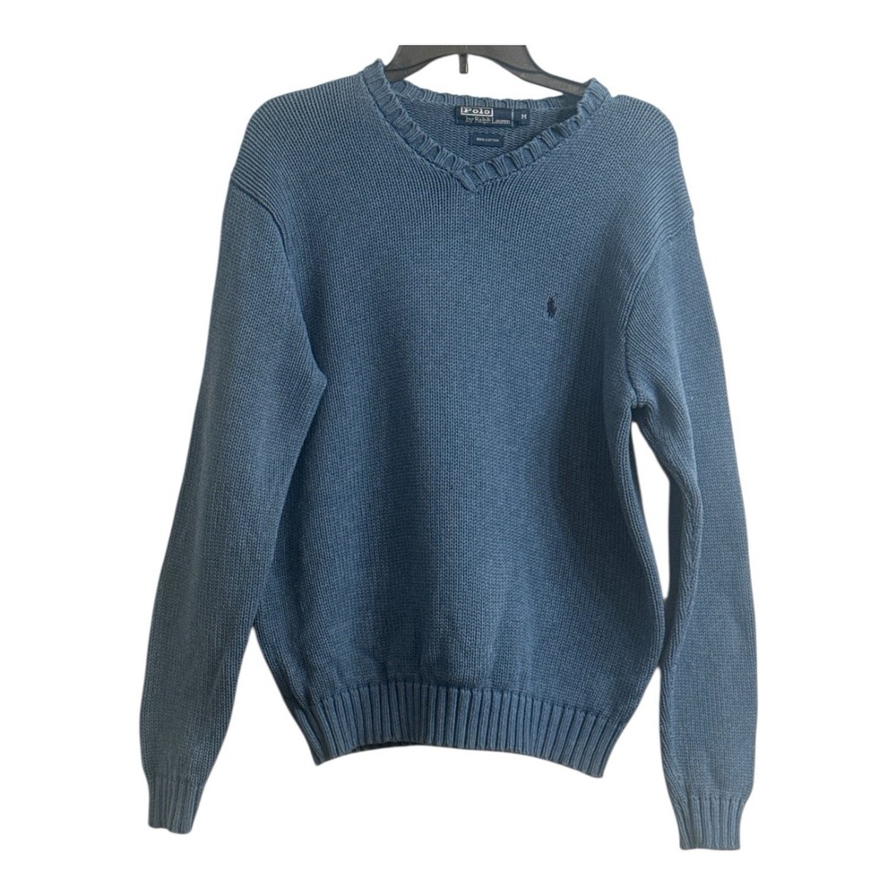 Polo Ralph Lauren mens medium blue v neck 100 cotton sweater classic timeless
